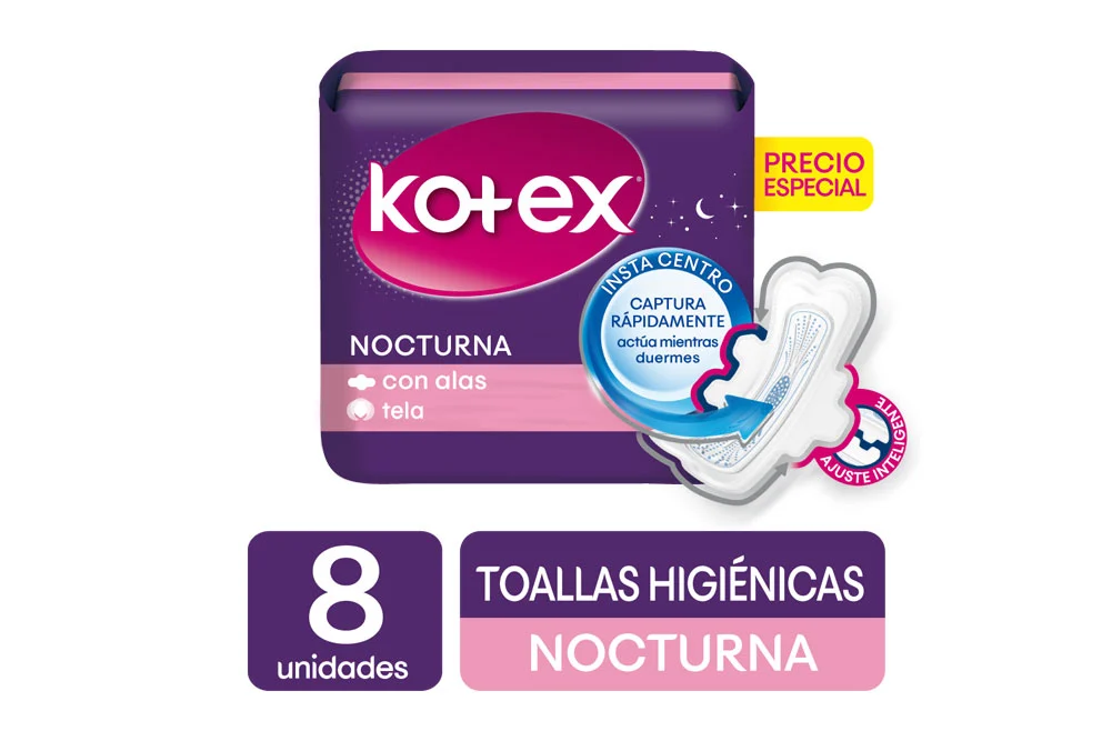 TOALLA HIGIENICA NOCTURNA TELA - KOTEX - PAQUETE 8 UNIDADES