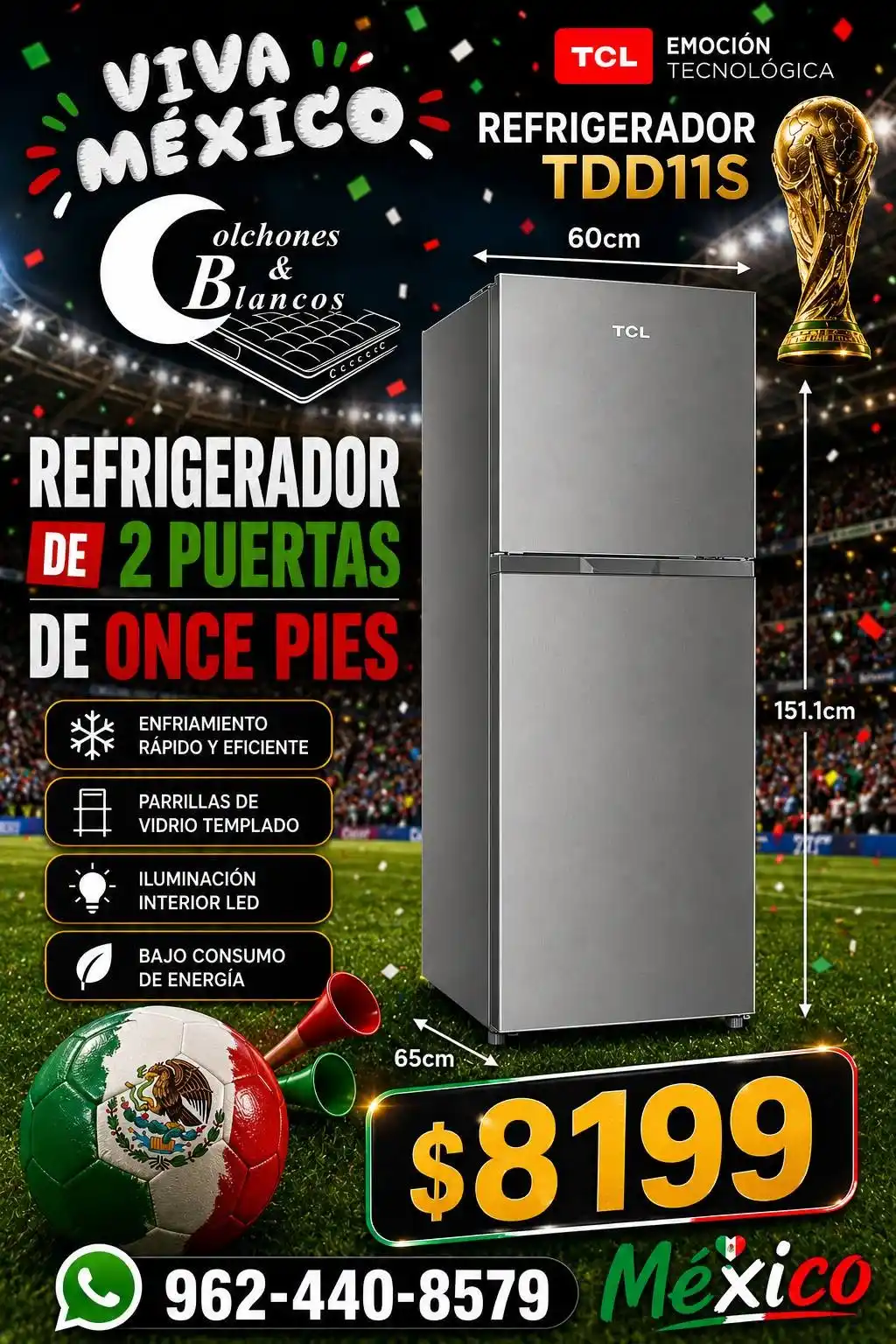 REFRIGERADOR TCL DOBLE PUERTA COLOR GRIS  MOD TDD11S
