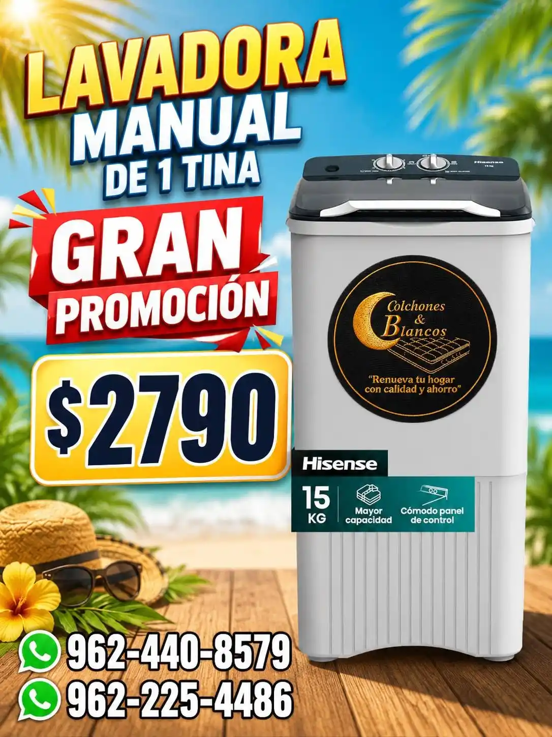 LAVADORA 15KG UNA TINA COLOR BLANCO HISENSE