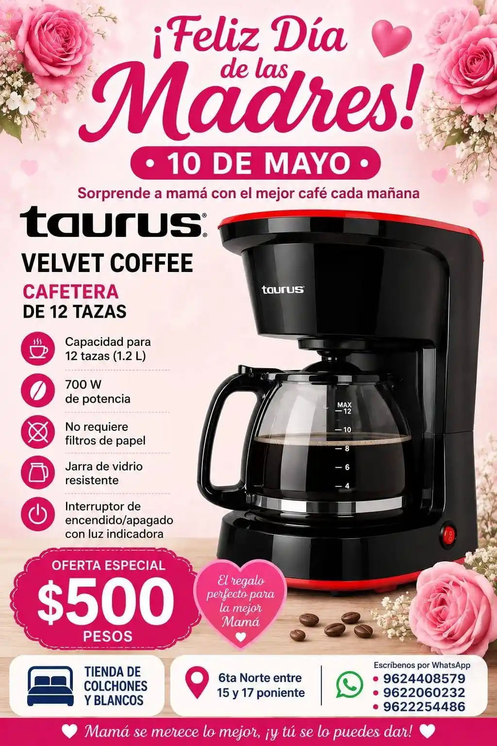 CAFETERA TAURUS TC-VELVET12 COFFE 12 TAZAS NEGRO ROJO