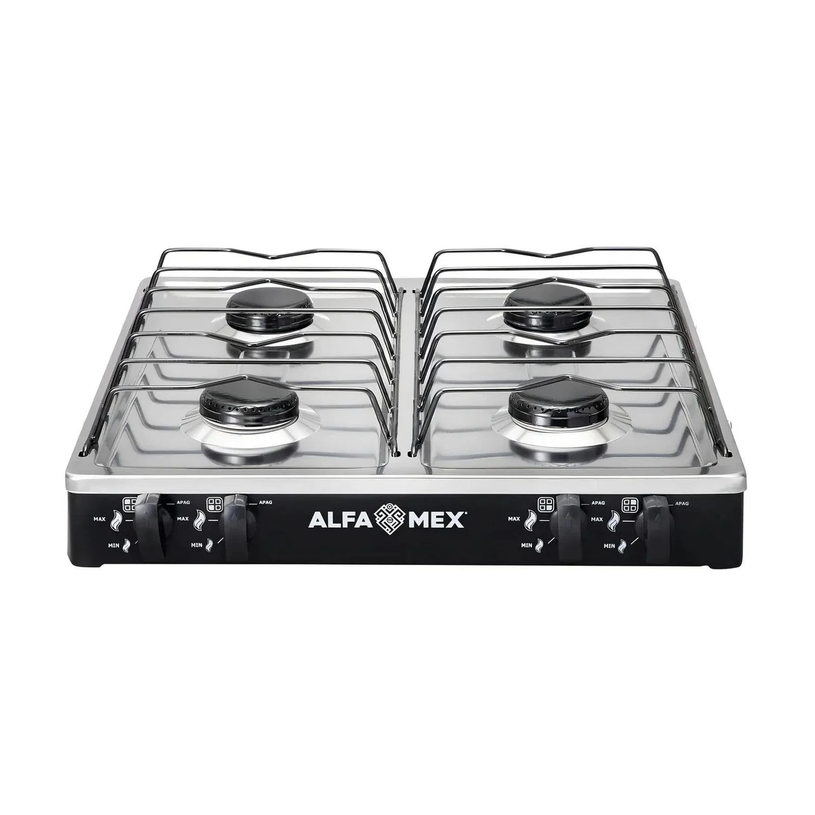 ESTUFA DE MESA ALFA-MEX 312SA4 4/QUEM COLOR NEGRA CUBIERTA ACERO INOX