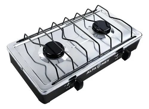ESTUFA DE MESA ALFA-MEX 304SA4 2/QUEM COLOR NEGRA CUBIERTA ACERO INOX