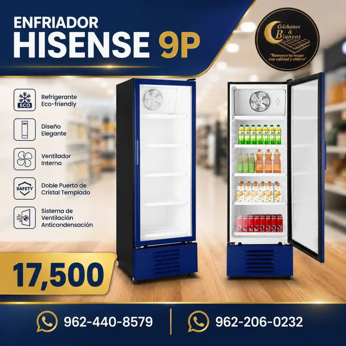 REFRIGERADOR HISENSE CVC494N3AWX 9 PIES TIPO VITRINA COLOR AZUL + NEGRO