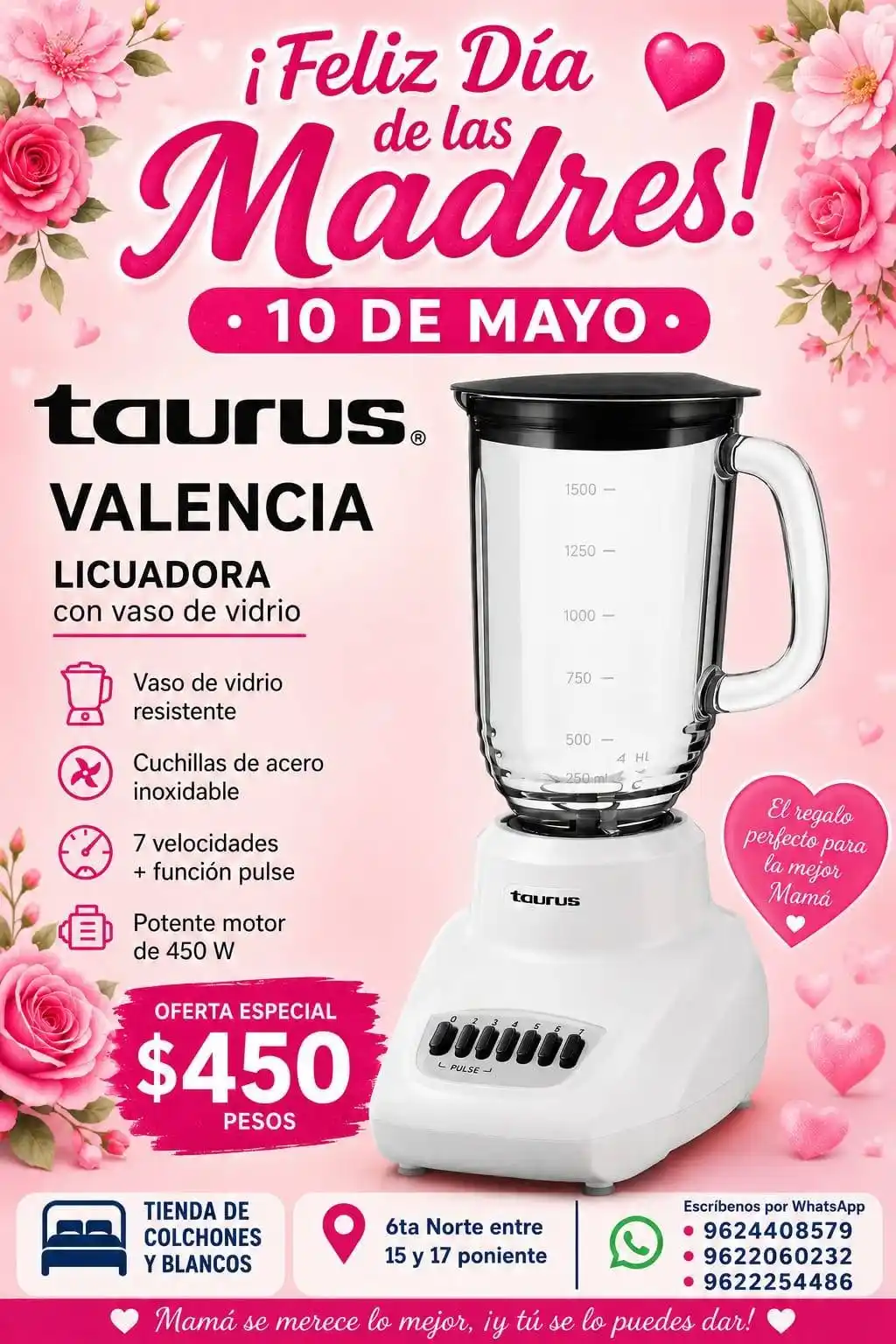 LICUADORA TAURUS VALENCIA COLOR BLANCA VASO VIDRIO 7 VEL