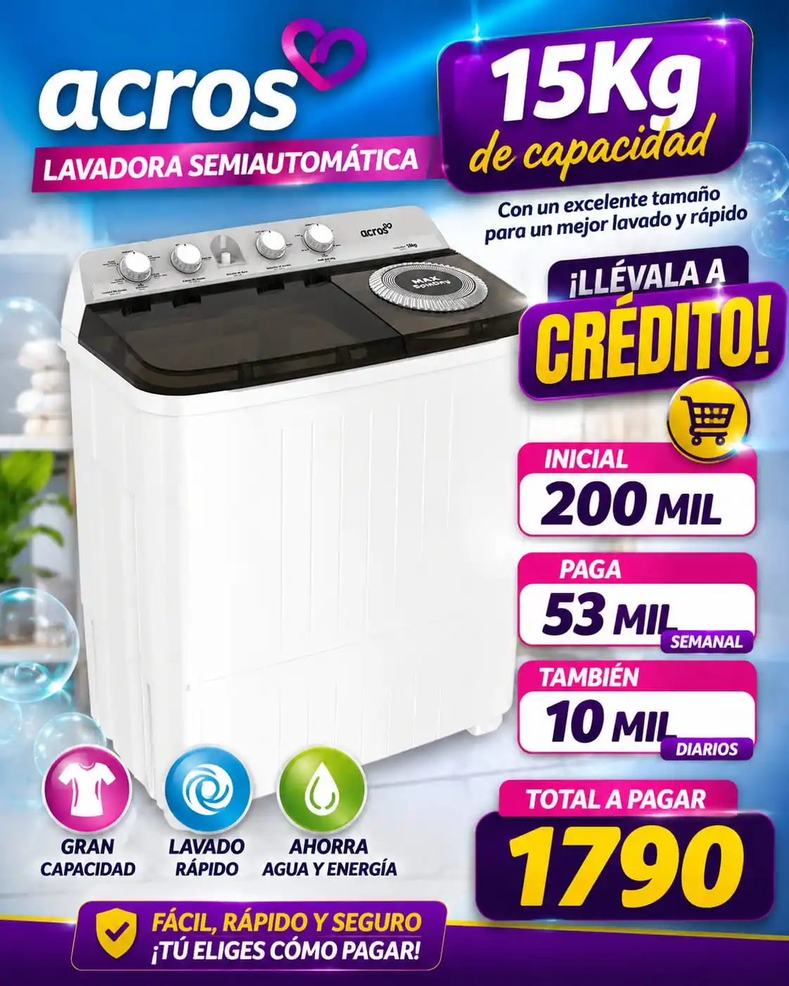 lavadora ACROS semia CS15kg ALD154"B