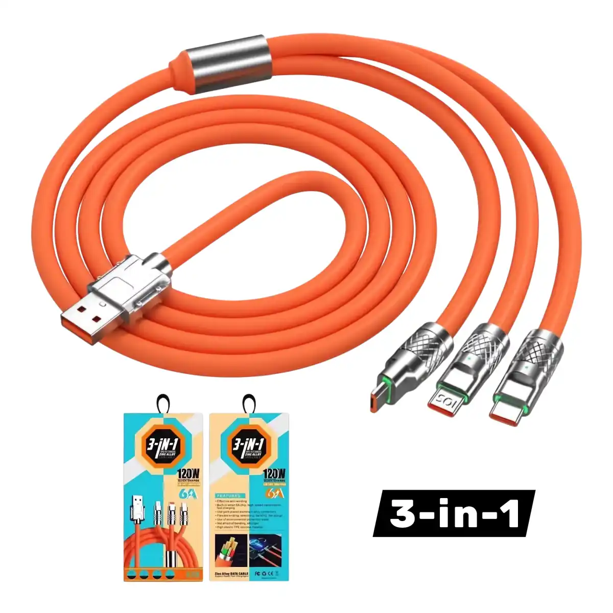 Cable USB 3en1 120W 6A - Puntas Metalicas