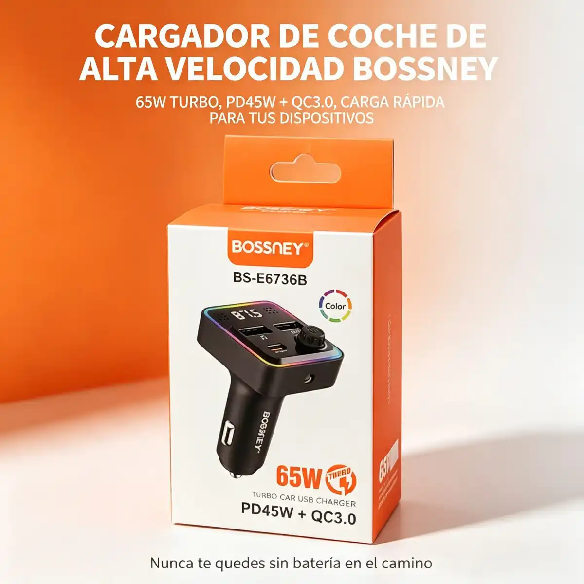 CARGADOR USB PARA AUTO MOVIL BOSSNEY 65W TURBO PD45W + QC3.0 CON BLUETOOTH INTEGRADO - BS-E6736B