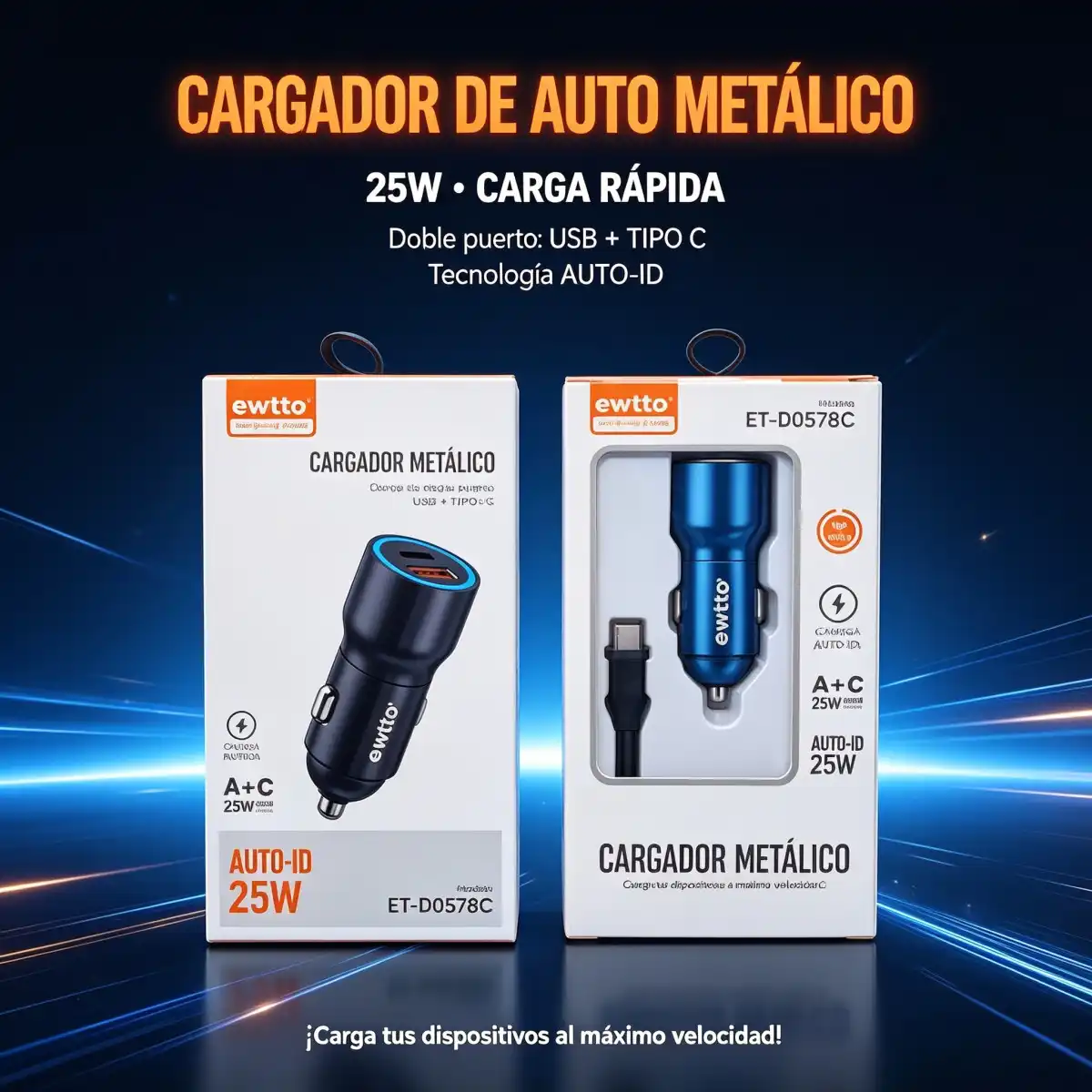 CARGADOR METALICO EWTTO CARGA DE DOBLE PUERTO USB + TIPO-C 25W CARGA RAPIDA - ET-D0578C