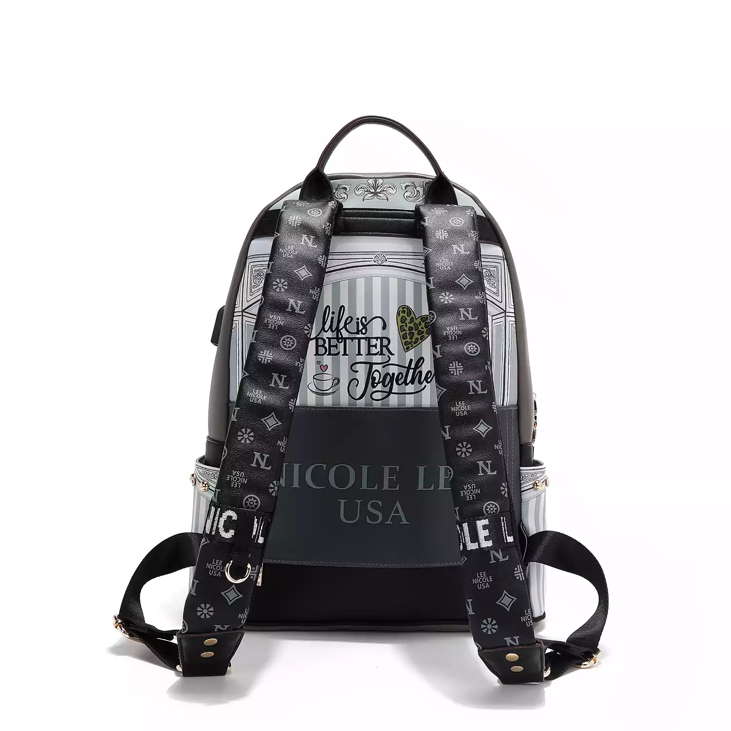 Nicole Lee White and Black Backpack Nylon Fashion Print Backpack with Removable Phone Zip Pouch  main image 3