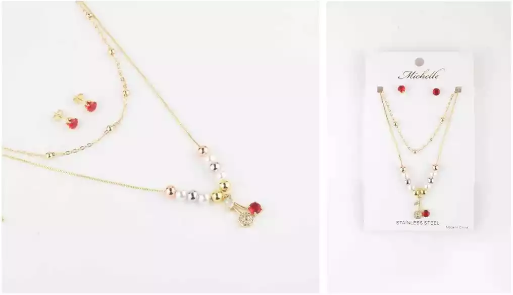 NECKLACE & EARRING STAINLESS STEEL  6043 GOLD / CHERRIE