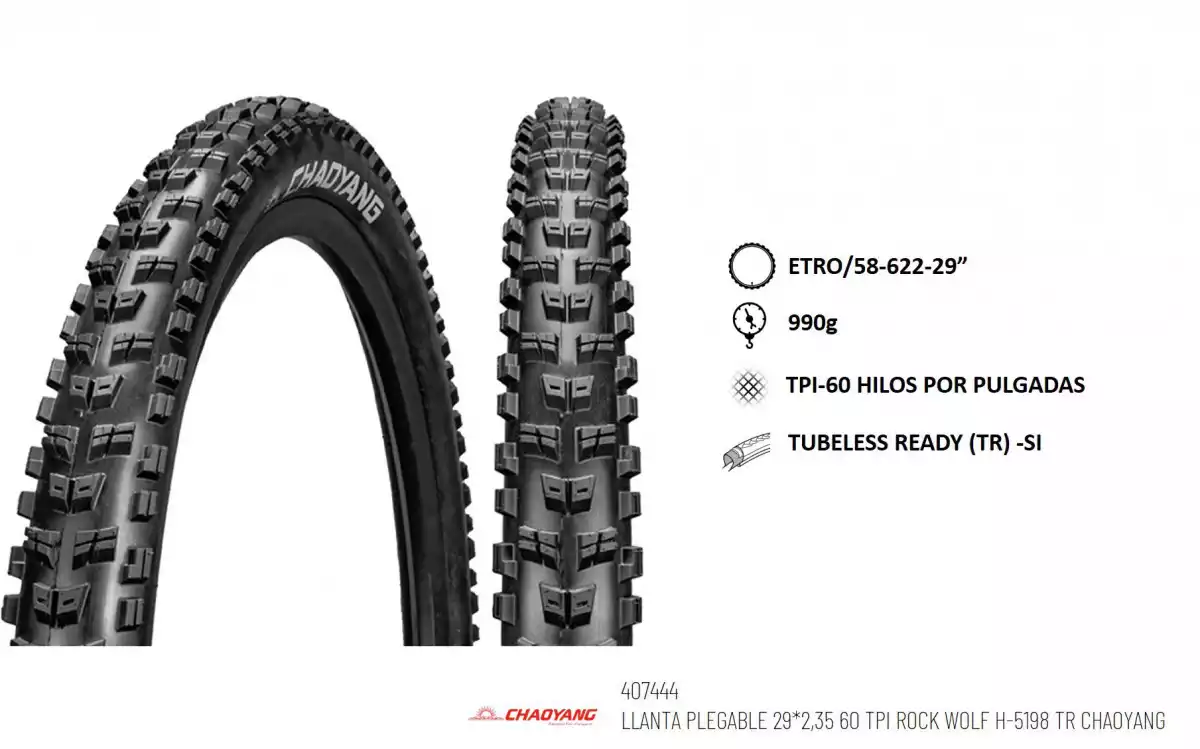 LLANTA MTB 29X2.35 60TPI H-5198 TR ROCK WOLF PLEGABLE CHAOYA 407444