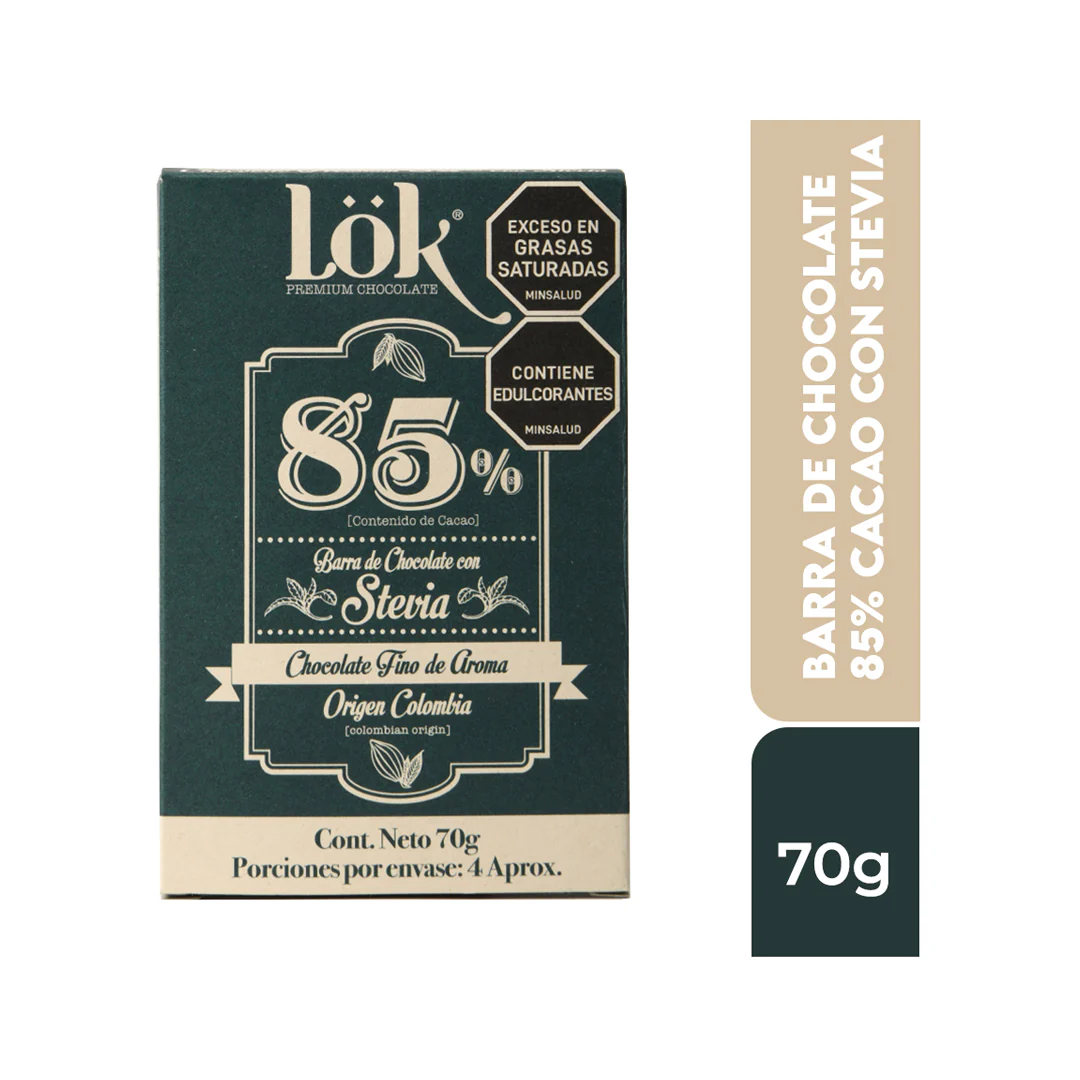 barra de chocolate con stevia al 85% lok 70g
